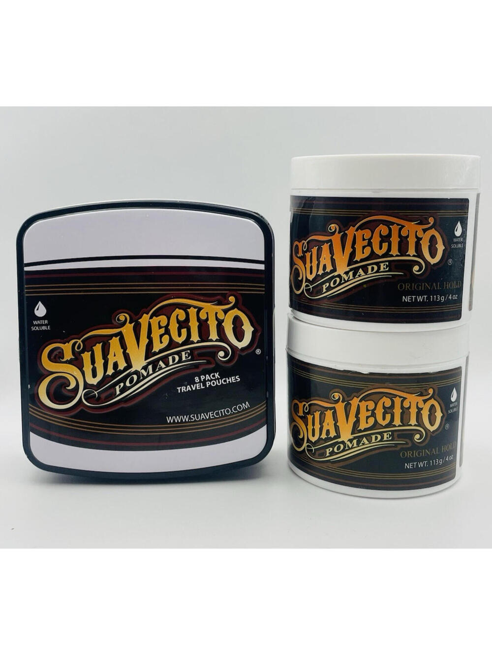 Suavecito Original Hold Pomade Bundle: (2) 4oz Cans + 8-Pack Travel Pouches